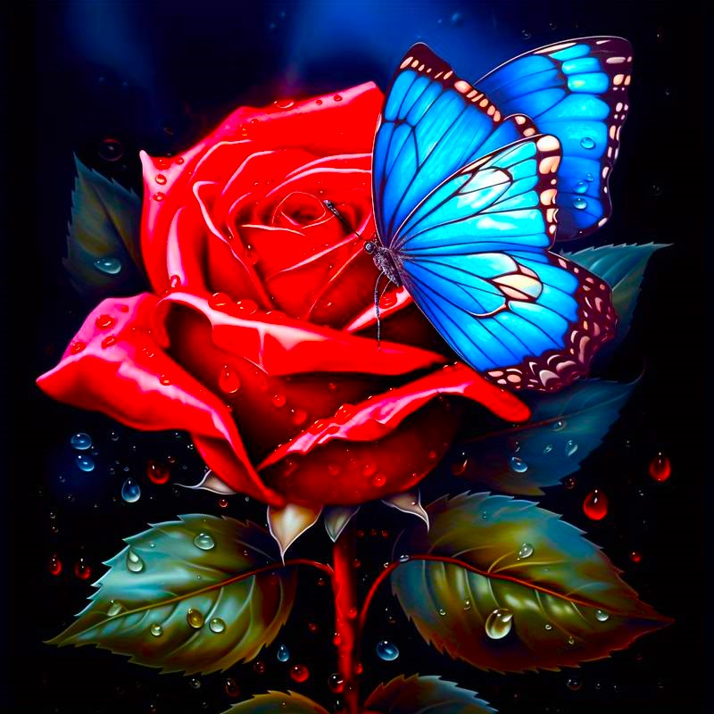 Diamond Painting - Red Rose Meets Blue Butterfly