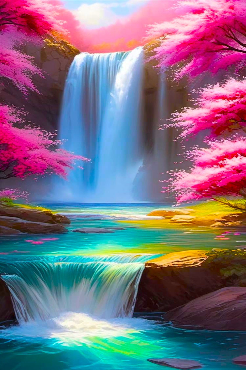 Diamond Painting - Cherry Blossoms by the Waterfall